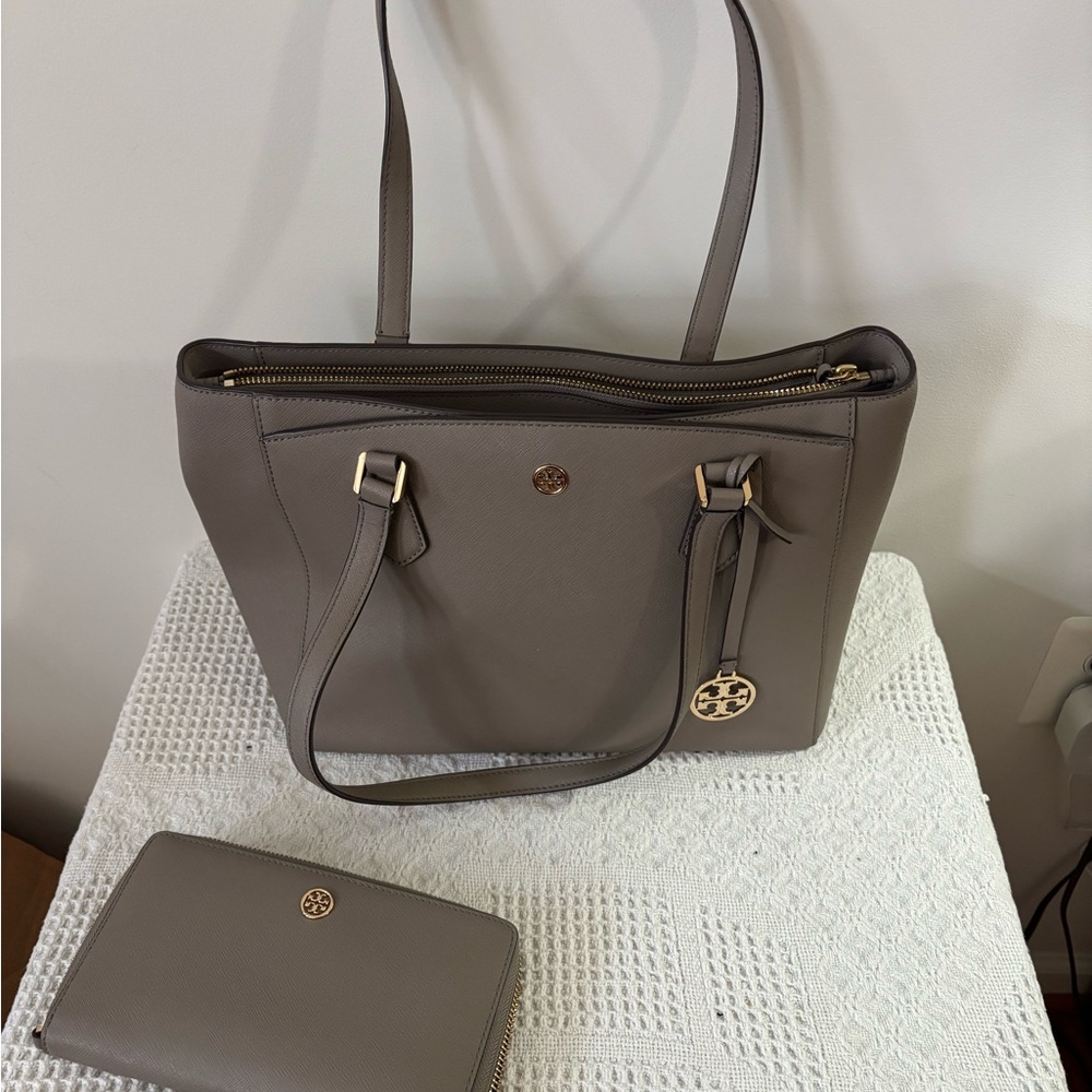 Tory Burch Taupe Tote Bag and Wallet Set